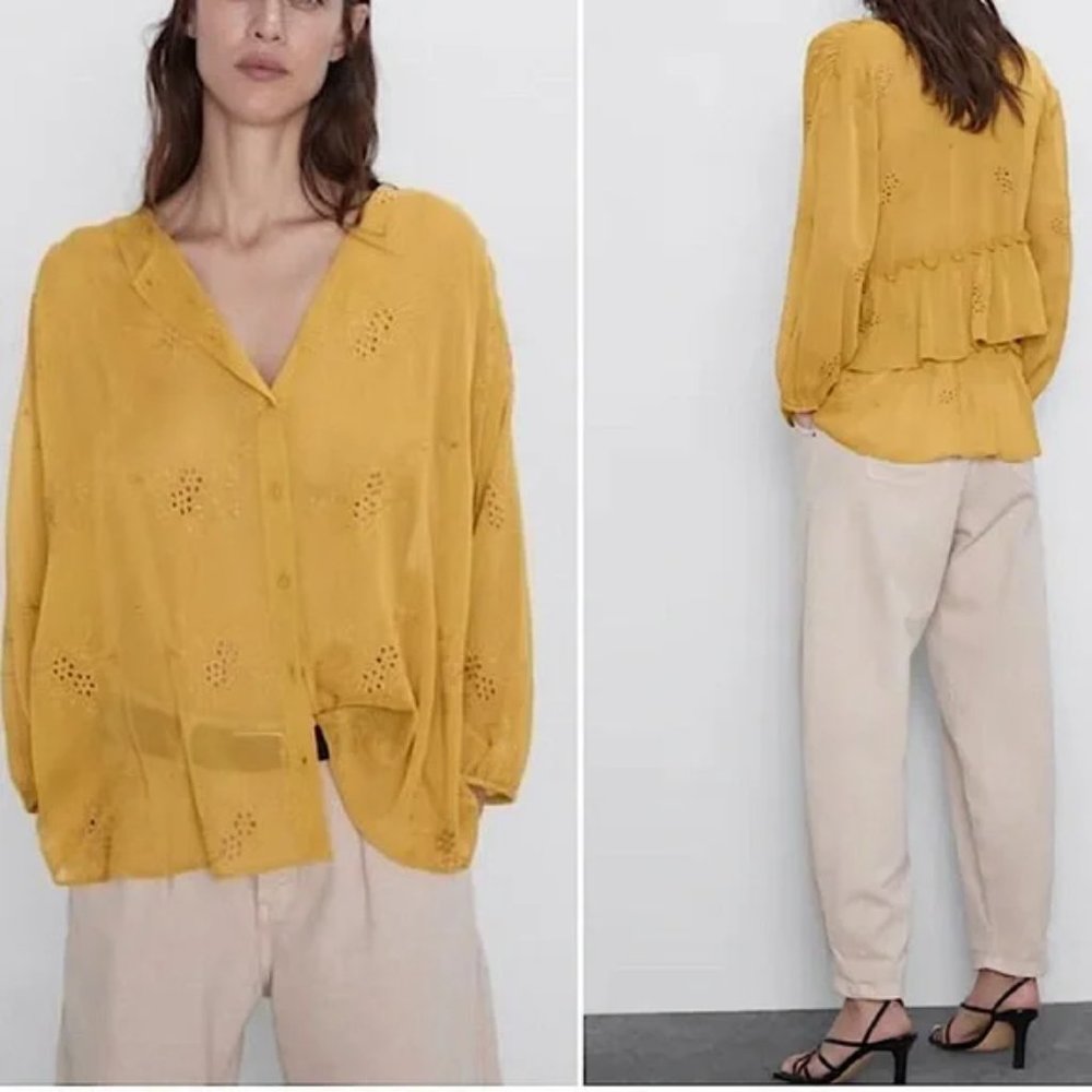 Zara Yellow Mustard Eyelet Sheer Blouse Size XS